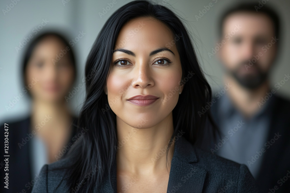 woman with long black hair is smiling for the camera. She is wearing a black jacket and a black shirt woman with long black hair is smiling for the camera. She is wearing a black jacket and a black shirt