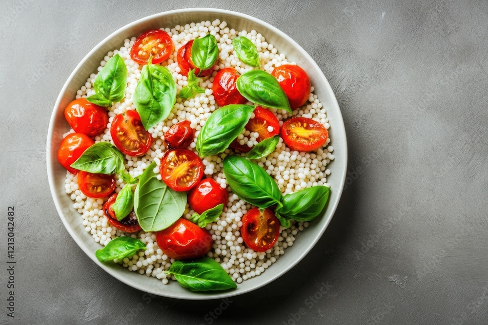 top-down view of pearl couscous salad mixed with fresh basil and roasted tomatoes placed on smooth neutral background top-down view of pearl couscous salad mixed with fresh basil and roasted tomatoes placed on smooth neutral background