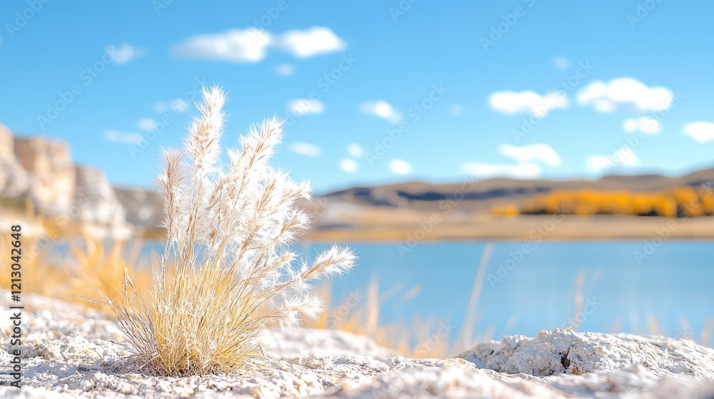 Obraz premium Autumn lake, fluffy grass, mountain backdrop, peaceful scene; nature photography
