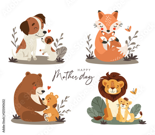 Mom and baby animals collection, mother day, cute animals set vector