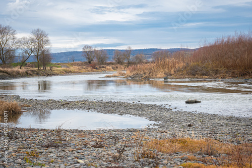 Beautiful view of the riverbed of the Mures River in Transylvania, central Romania photo