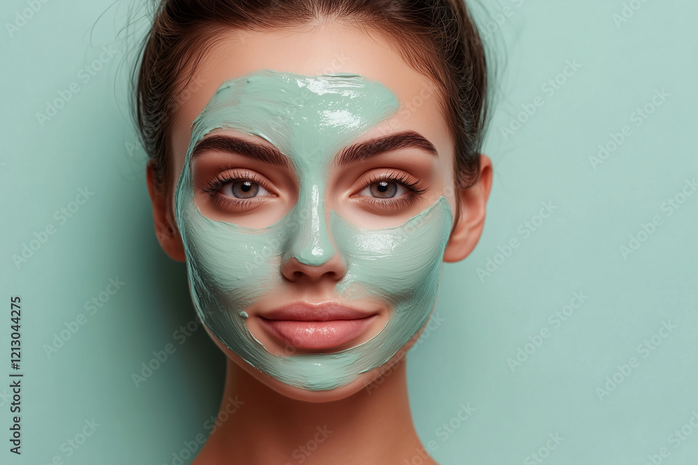 woman with a green face mask on. She is smiling woman with a green face mask on. She is smiling