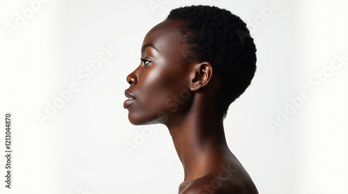 young black woman, white background, side profile, makeup or skincare concept, makeup, natural, dermatology, skincare, flawless skin, beautiful black woman with flawless skin