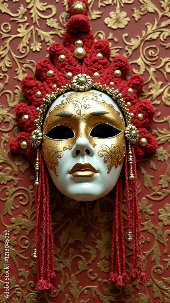 Ornate venetian mask on intricate red and gold patterned background Ornate venetian mask on intricate red and gold patterned background