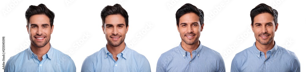 Smiling man in light blue shirt studio setting portrait photography positive vibes, isolated on white or transparent background