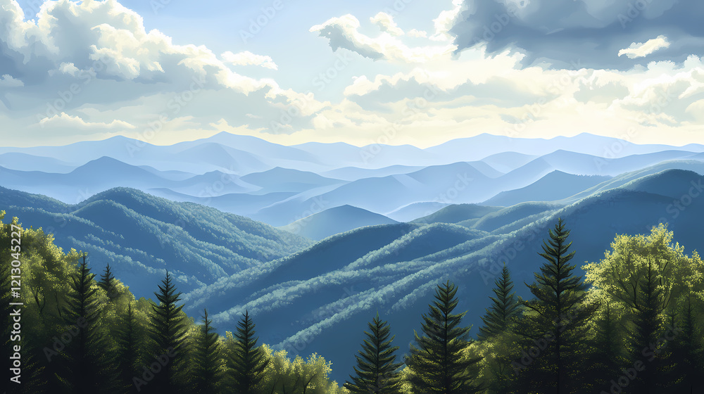 Fototapeta premium Mountains blue ridge parkway nc. Majestic Ridge. Illustration