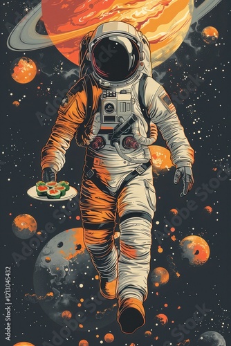 Astronaut in a spacesuit flying in outer space, holding sushi, starry sky and planets in the background  