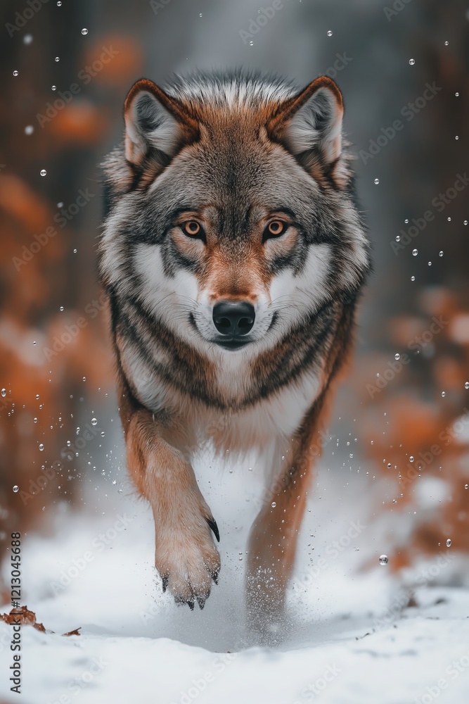 Fototapeta premium A dynamic wildlife photograph of a wolf , droplets of dew flying through the air, with focus on the wolf and blurred motion in the background, photorealistic.