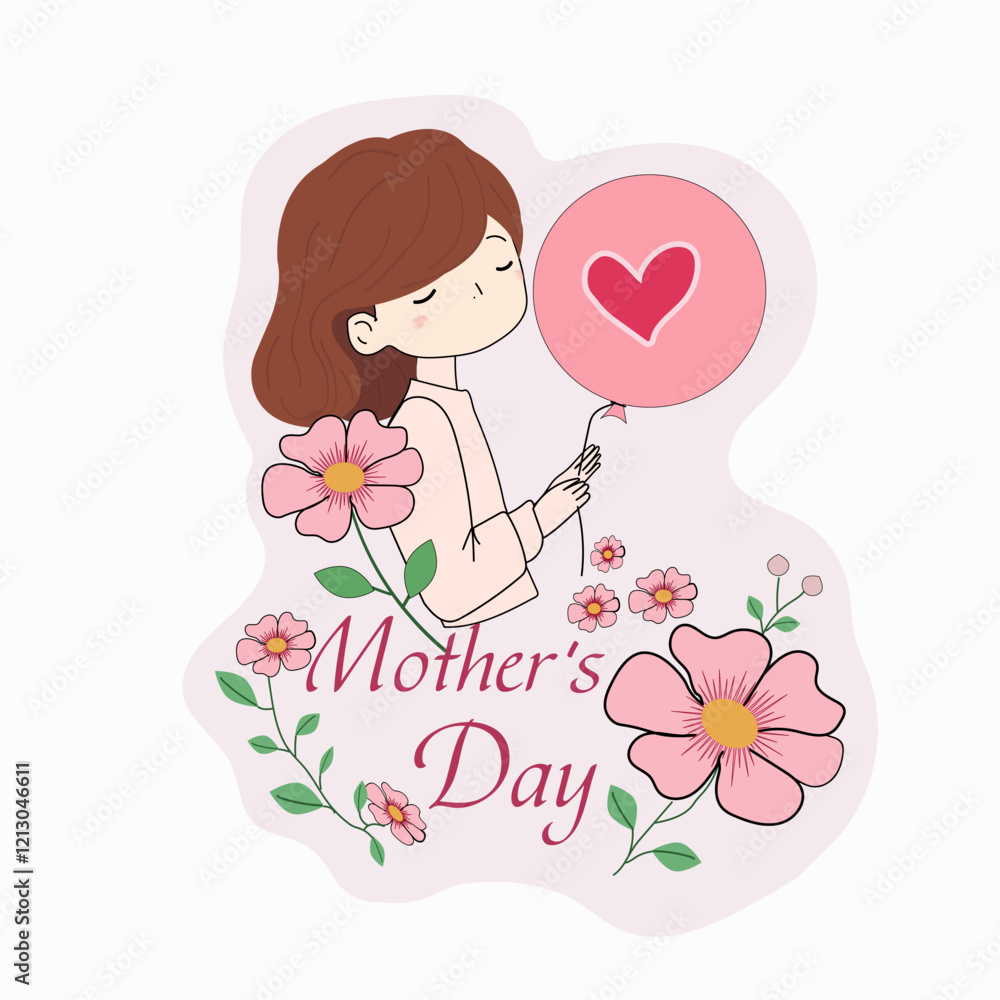 sticker illustration for mother's day daughter with a balloon and flowers