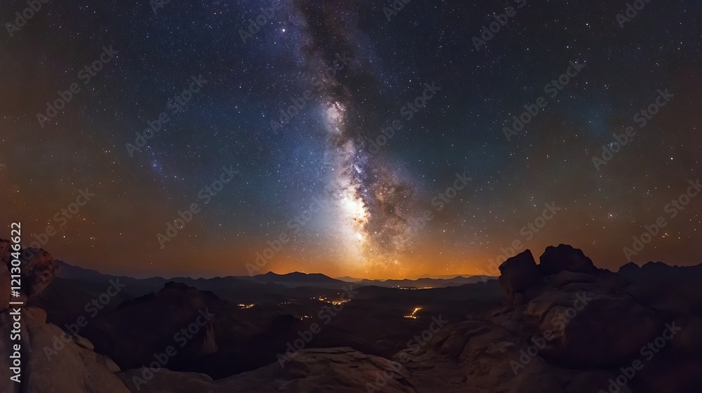 Dazzling starry expanse with a luminous galaxy featured in the panoramic view Dazzling starry expanse with a luminous galaxy featured in the panoramic view