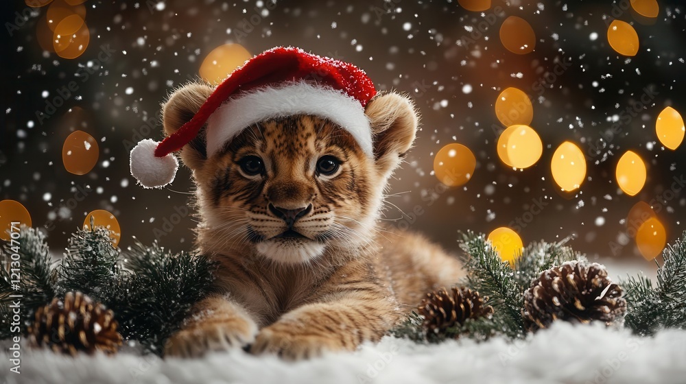 cozy winter scene with adorable lion cub wearing santa hat amid twinkling lights decorated christmas trees and falling snow warm golden lighting cozy winter scene with adorable lion cub wearing santa hat amid twinkling lights decorated christmas trees and falling snow warm golden lighting