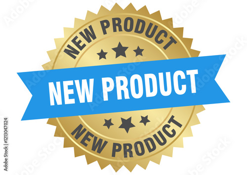 new product. new product round blue and gold label isolated on transparent background
