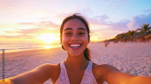 A tanned young woman capturing a selfie on the beach at sunset, with the warm colors of the sunset creating a magical atmosphere around her. tanned skin, beach selfie, sunset portr photo