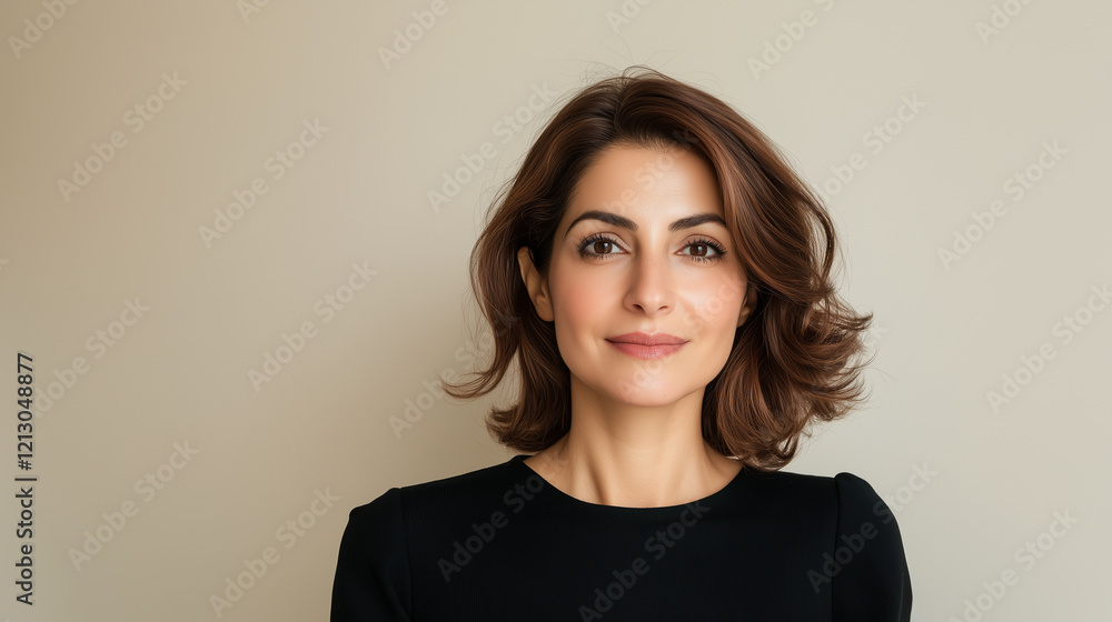 Obraz premium A Middle Eastern woman in her 30s with brown hair, exuding warmth and sophistication, posing gracefully in front of a cream background. Middle Eastern woman, brown hair, elegant wo