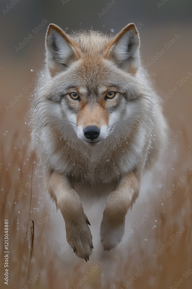 Obraz premium A dynamic wildlife photograph of a wolf , droplets of dew flying through the air, with focus on the wolf and blurred motion in the background, photorealistic.