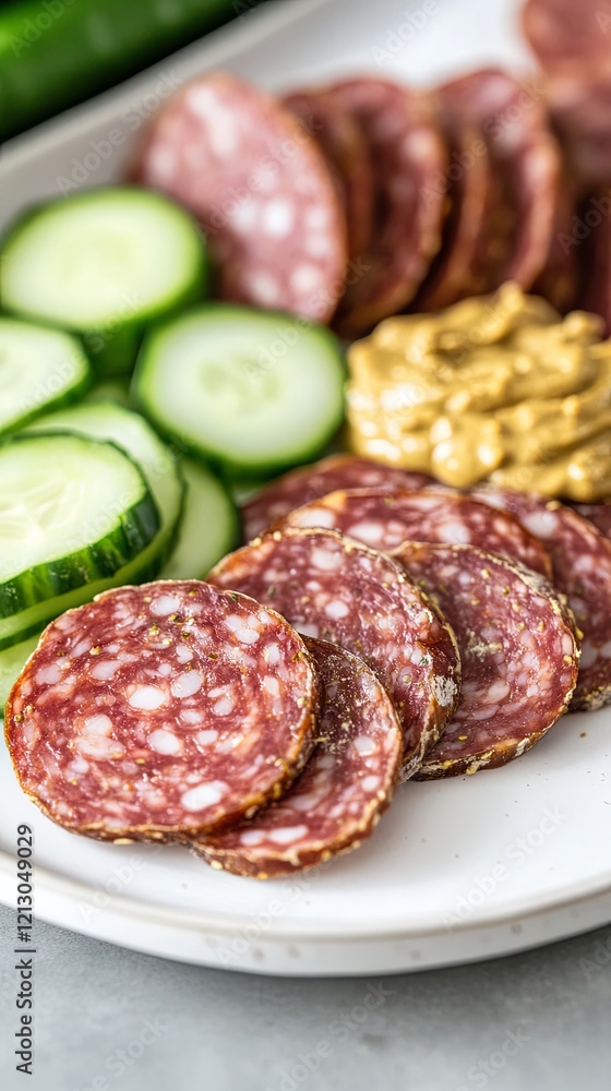 Appetizing Sausage and Cucumber Platter with Mustard