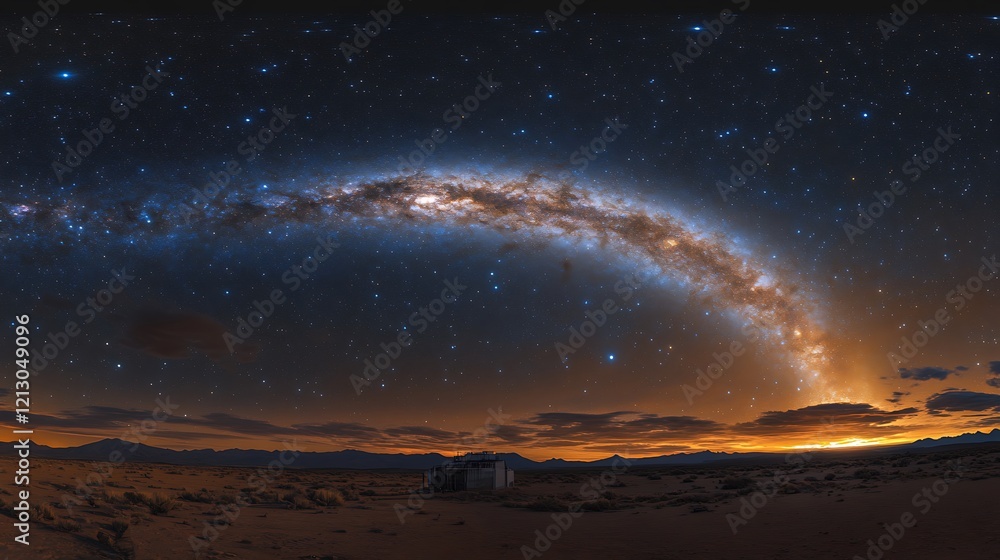 Cosmic starry panorama featuring a luminous galaxy lighting up the horizon