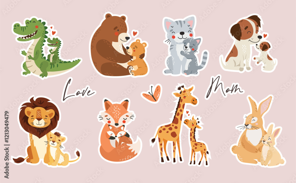 Obraz premium Mom and baby animals stickers, mother day stickers, cute animals