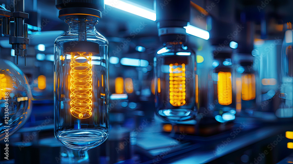 Close-up of glowing DNA models floating in a sleek, modern genetic engineering lab Close-up of glowing DNA models floating in a sleek, modern genetic engineering lab