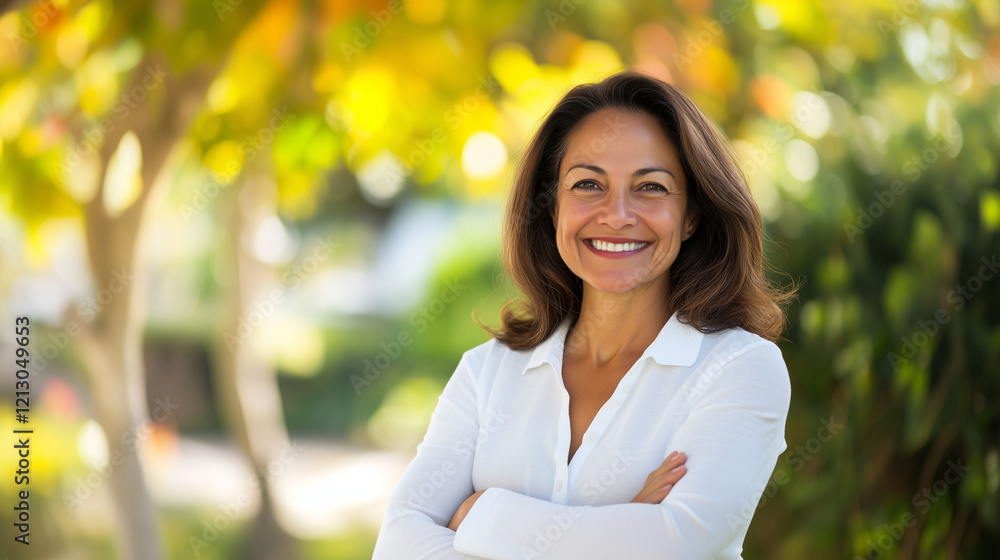 A radiant woman smiling brightly with her arms crossed, showcasing a confident and approachable demeanor in a relaxed stance. beautiful woman, smiling woman, crossed arms, confiden A radiant woman smiling brightly with her arms crossed, showcasing a confident and approachable demeanor in a relaxed stance. beautiful woman, smiling woman, crossed arms, confiden
