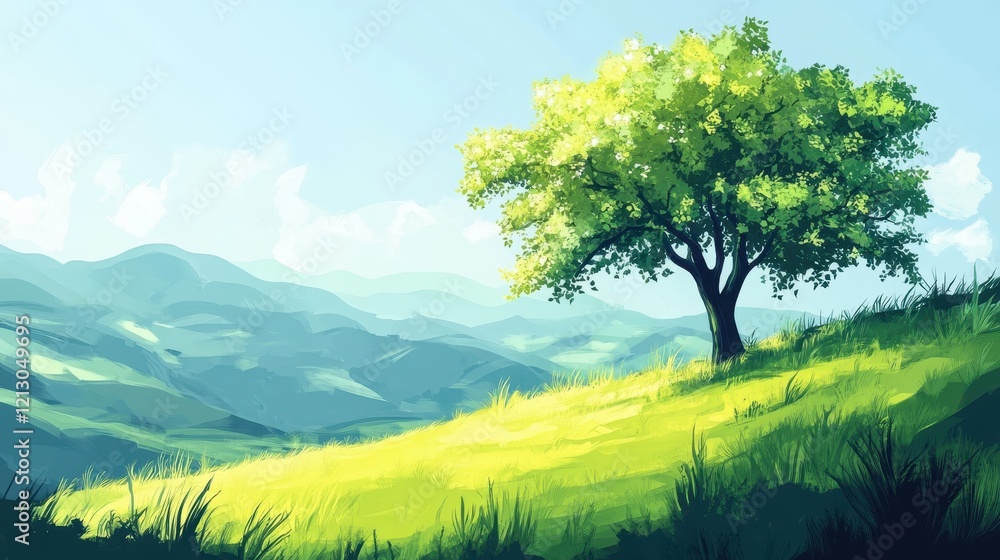 Fototapeta premium Serene Landscape With Single Tree On Hillside