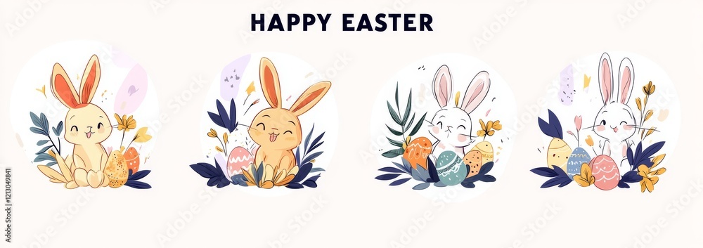 Fototapeta premium Happy Easter. Discover greeting cards or posters that showcase a bunny, spring flowers, and an Easter egg. An egg hunt poster template is also included. The design features a modern illustration