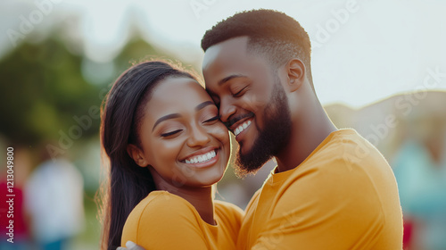 A happy couple smiling at each other while hugging, creating a heartwarming moment of love and togetherness, perfect for celebrating their bond. cheerful couple, hugging couple, ro photo