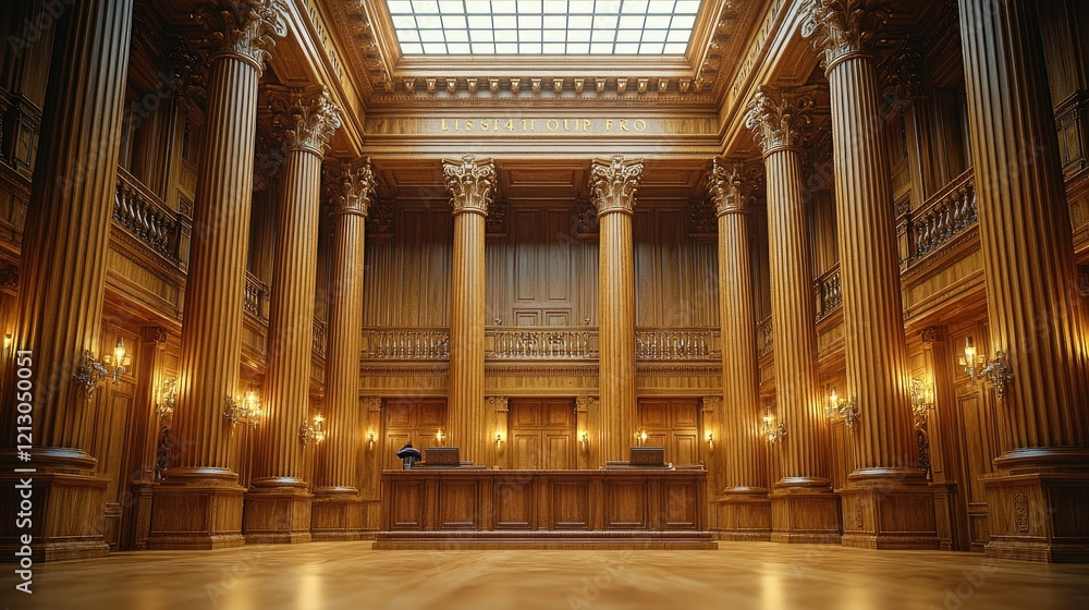 Obraz premium Elegant Wooden Hallway With Grand Columns and Skylight