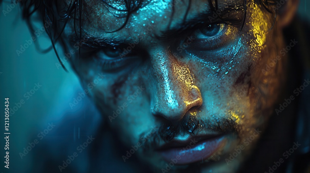 dark psychological portrait of man in shadows harsh contrasts distorted features cold blue tones raw emotion cinematic lighting dark psychological portrait of man in shadows harsh contrasts distorted features cold blue tones raw emotion cinematic lighting