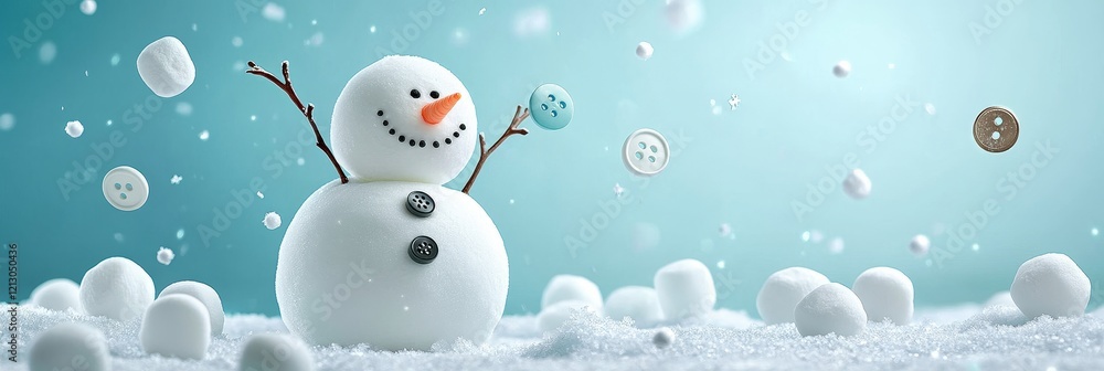 Cute Snowman Playing With Marshmallows - A cheerful snowman plays amidst falling marshmallows and buttons, symbolizing winter joy, playful spirit, sweetness, childhood innocence, and festive cheer. Cute Snowman Playing With Marshmallows - A cheerful snowman plays amidst falling marshmallows and buttons, symbolizing winter joy, playful spirit, sweetness, childhood innocence, and festive cheer.