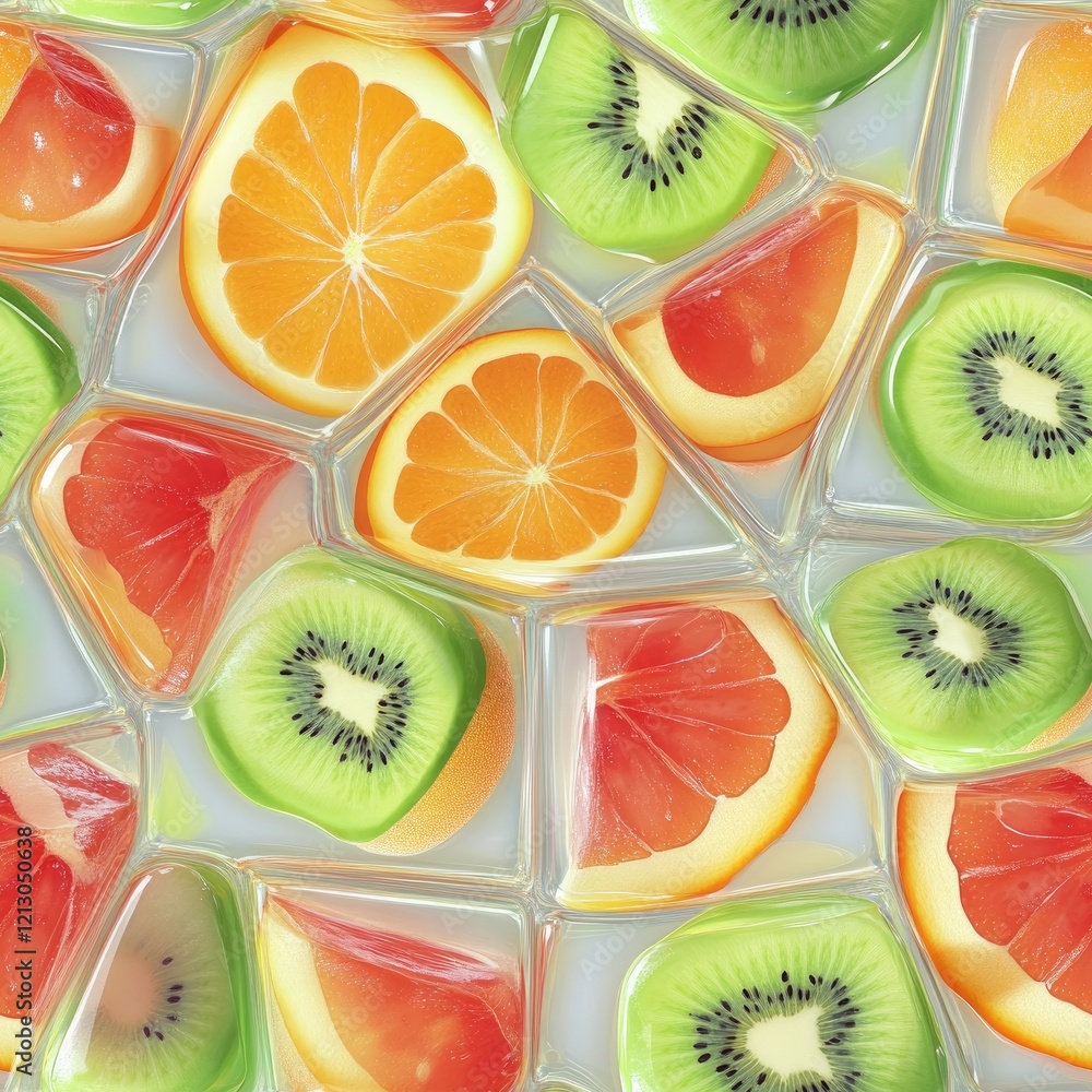 Repeating 3D fruit slices( oranges, kiwis, melons) floating in transparent cubes of jelly . Seamless abstract 3d pattern background Repeating 3D fruit slices( oranges, kiwis, melons) floating in transparent cubes of jelly . Seamless abstract 3d pattern background