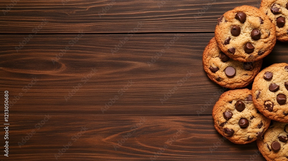 Delicious Chocolate Chip Cookies on Wood - A group of freshly baked chocolate chip cookies arranged on a dark brown wooden surface. Perfect for baking blogs, websites, or cookbooks. Delicious Chocolate Chip Cookies on Wood - A group of freshly baked chocolate chip cookies arranged on a dark brown wooden surface. Perfect for baking blogs, websites, or cookbooks.