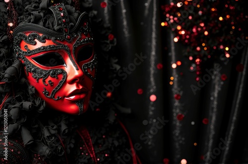 Venetian mask on female in elaborate red and black costume with dark background photo