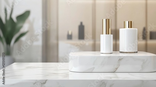 Empty Luxury Marble Tabletop with Cosmetic Bottles - Elegant white marble surface showcasing luxurious, minimalist cosmetic containers.  Symbolizing beauty, purity, elegance, sophistication, and premi photo