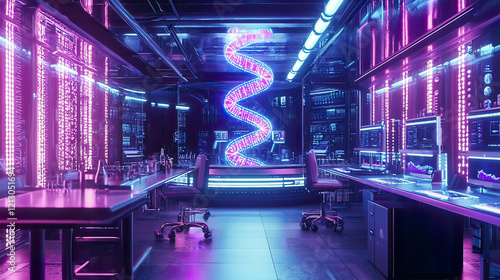 Genetic research lab with holographic DNA models floating in mid-air, vibrant neon lighting photo