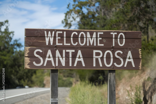 Rustic Wooden Sign Welcoming Visitors to Santa Rosa California with Warm Invitation and State Pride
