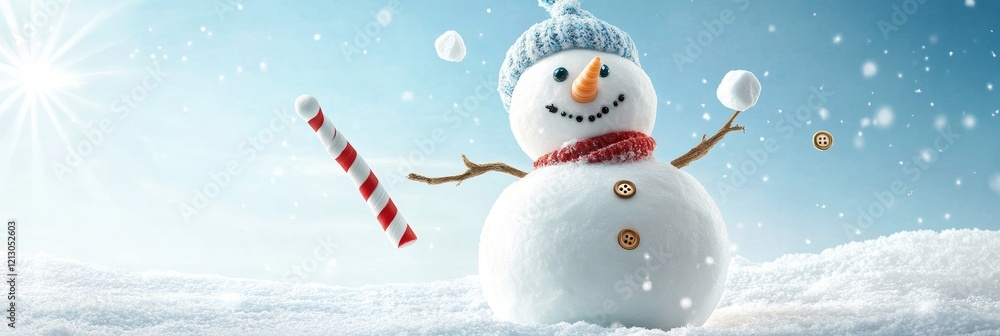 Fototapeta premium Happy Snowman Playing in Winter Snow - Cheerful snowman in a knitted hat joyfully playing with snowballs on a sunny winter day.