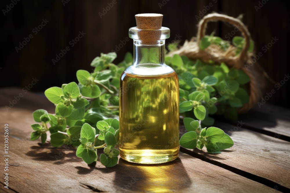 Natural Oregano Oil and Fresh Herb Leaves on Wooden Table for Aromatherapy, Massage and Health Benefits Natural Oregano Oil and Fresh Herb Leaves on Wooden Table for Aromatherapy, Massage and Health Benefits