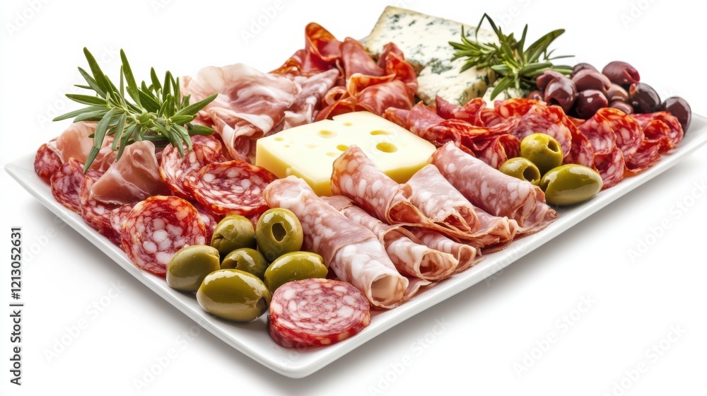 A platter of charcuterie featuring a variety of cured meats, cheeses, and olives A platter of charcuterie featuring a variety of cured meats, cheeses, and olives
