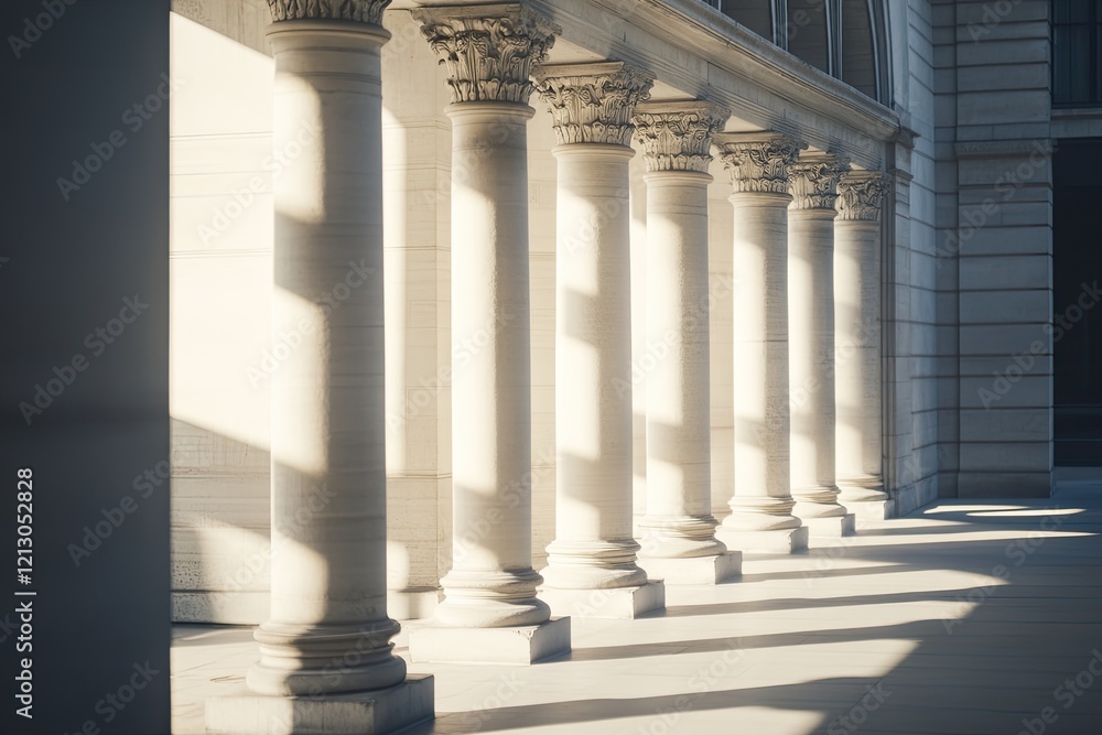 low-angle view of colonnade with ornate capitals captured with sunlight casting shadows across structure low-angle view of colonnade with ornate capitals captured with sunlight casting shadows across structure