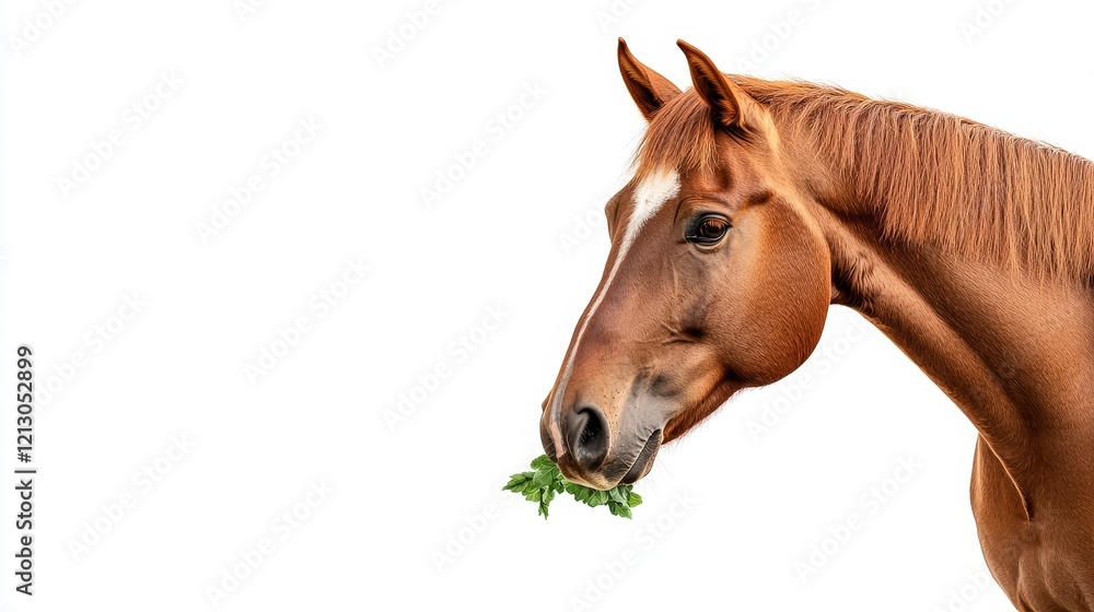 Fototapeta premium Isolated Brown Horse Eating Fresh Foliage - A beautiful chestnut horse, isolated on white, gently nibbles on fresh green leaves. Symbolising nature, grace, tranquility, nourishment, and freedom.