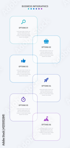 Vertical progress bar featuring 6 arrow-shaped elements, symbolizing the six stages of business strategy and progression. Clean timeline infographic design template. Vector for mobile presentation.