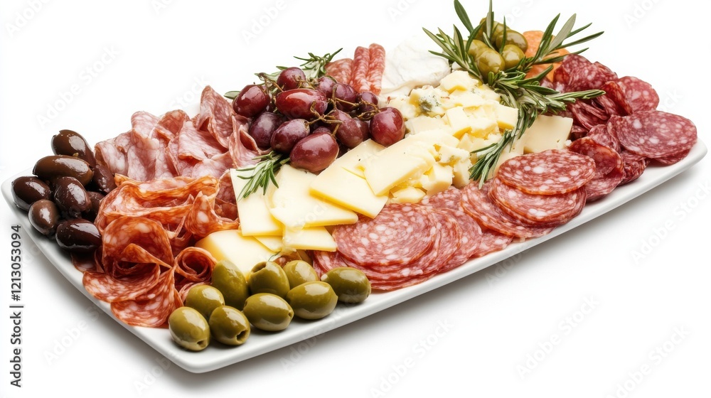 A platter of charcuterie featuring a variety of cured meats, cheeses, and olives A platter of charcuterie featuring a variety of cured meats, cheeses, and olives