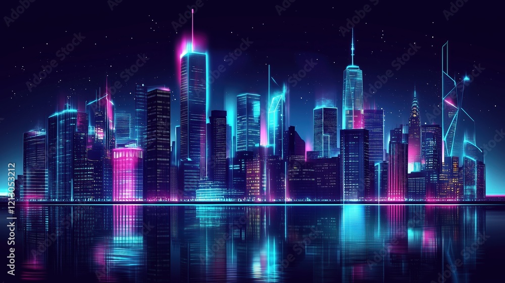 Neon Cityscape at Night: A vibrant, stylized cityscape at night, awash in neon pink and blue lights, reflecting in the calm water below. The scene evokes a futuristic and energetic atmosphere. Neon Cityscape at Night: A vibrant, stylized cityscape at night, awash in neon pink and blue lights, reflecting in the calm water below. The scene evokes a futuristic and energetic atmosphere.