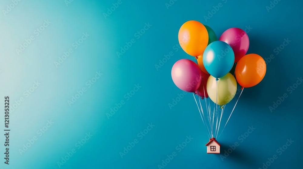 Miniature House Balloon Flight - Colorful balloons lift a tiny house, symbolizing dreams, freedom, new beginnings, adventure, and homeownership. Miniature House Balloon Flight - Colorful balloons lift a tiny house, symbolizing dreams, freedom, new beginnings, adventure, and homeownership.