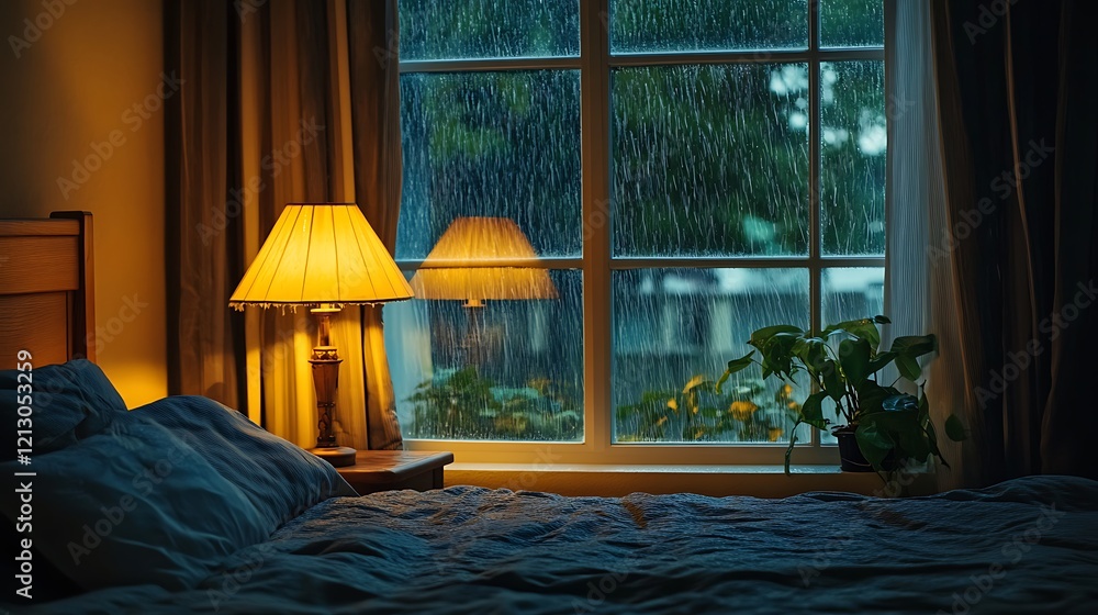 Peaceful bedroom glowing with lamp light as rain pours outside
