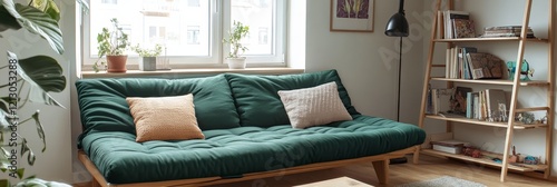 Modern Green Futon in Cozy Living Room - A dark green futon sofa sits in a bright living room, near a wooden bookshelf and potted plants. Natural light streams in from a large window.