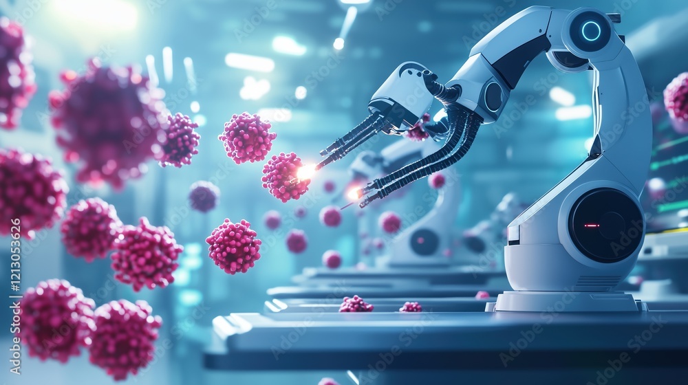 Fototapeta premium Robotic Arm Targeting Virus: A futuristic image depicting a robotic arm precisely targeting and neutralizing virus particles in a high-tech laboratory setting.