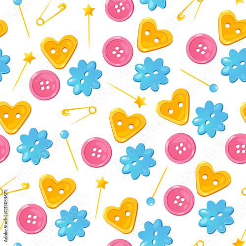 Colorful seamless pattern of different cute plastic buttons and pins isolated on white background.
