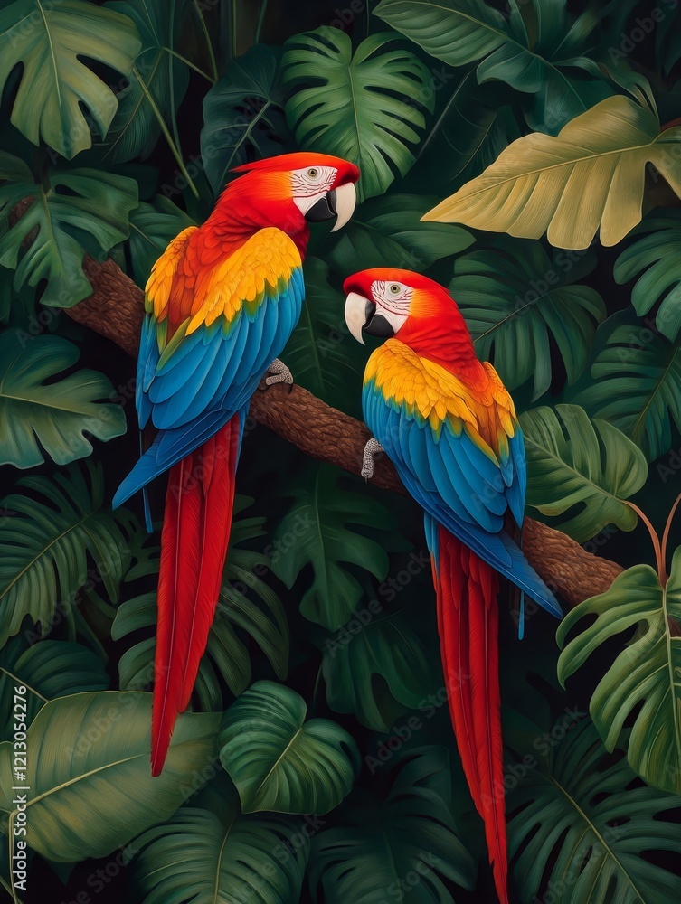 Obraz premium Scarlet Macaws in Lush Rainforest - Two vibrant scarlet macaws perched on a branch amidst lush green tropical foliage.